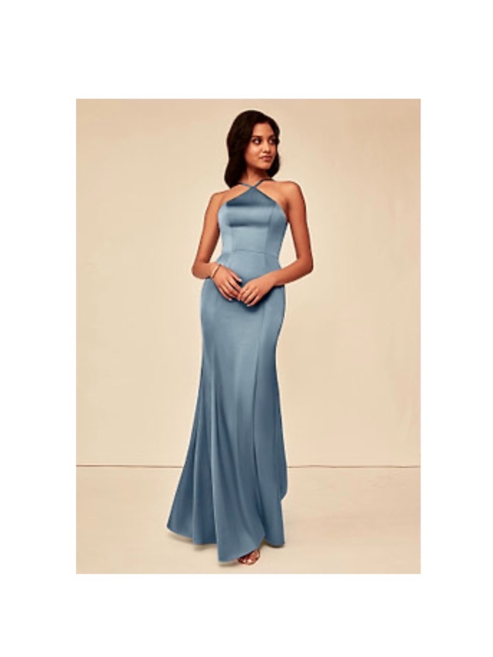 Azazie Satin Halter Maxi Gown in Steel Blue